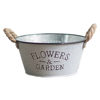 

1* Tin Fower Pot Retro Distressed Iron Flower Bucket With Hemp Rope Handle Flower Pot