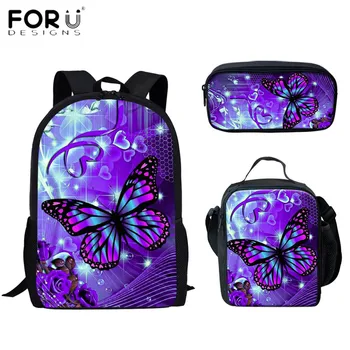 

FORUDESIGNS Beauty Butterfly 3D Animals Print 3Pcs/set School Bags For Girls Students Kids School Backpack Children Schoolbags