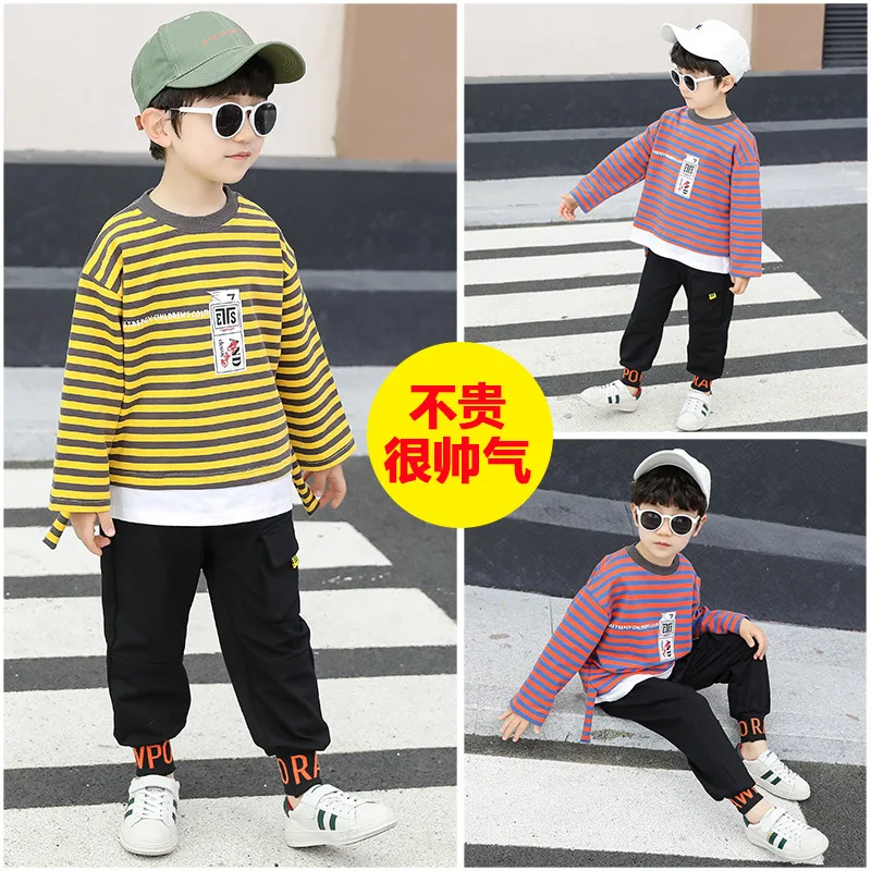 

BOY'S Spring Clothing Set 2020 New Style Stripes Crew Neck Set Western Style T-shirt Athletic Pants Two-Piece Set-Style Children