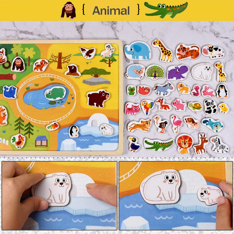 Children Magnetic Puzzle Animal Traffic Vehicle Scenes Game Wooden 3D Jigsaw Toys Baby Kids Early Educational Learning Toy Gifts wooden puzzles magnetic puzzle toys wooden toys puzzle toys