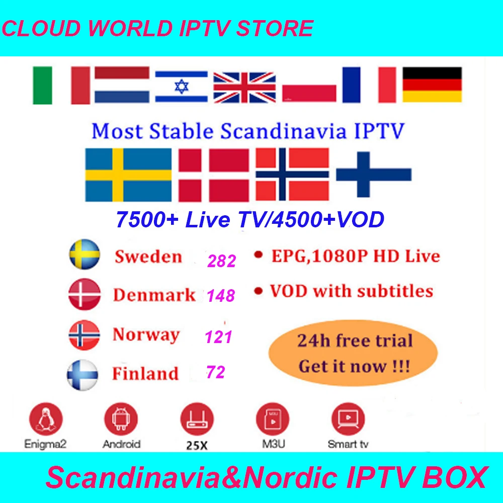 

Scandinavian IPTV Nordic Sweden Norway Finland Denmark Irasel Arabic UK USA IPTV Subscription for TVIP 605 M3U Android Smart TV