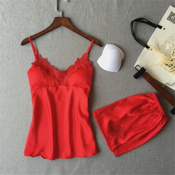 

Red pajamas bathrobe women summer sexy woman seduction with cotton pad suspenders tops shorts pajamas set sexy nightware