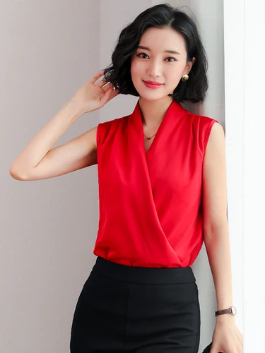 Женские рубашки, шелковая блузка на бретелях, женские элегантные офисные женские белые рубашки для женщин, топы больших размеров, корейские женские топы на бретелях, одноцветные Топы - Цвет: Red