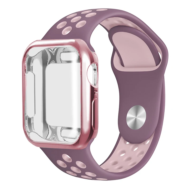 Дышащий силиконовый спортивный ремень Apple Watch 5 4 3 2 1 42 мм 38 мм резиновый ремешок Nike+ Iwatch+ чехол 5 4 3 40 мм 44 мм - Цвет ремешка: Purple light pink