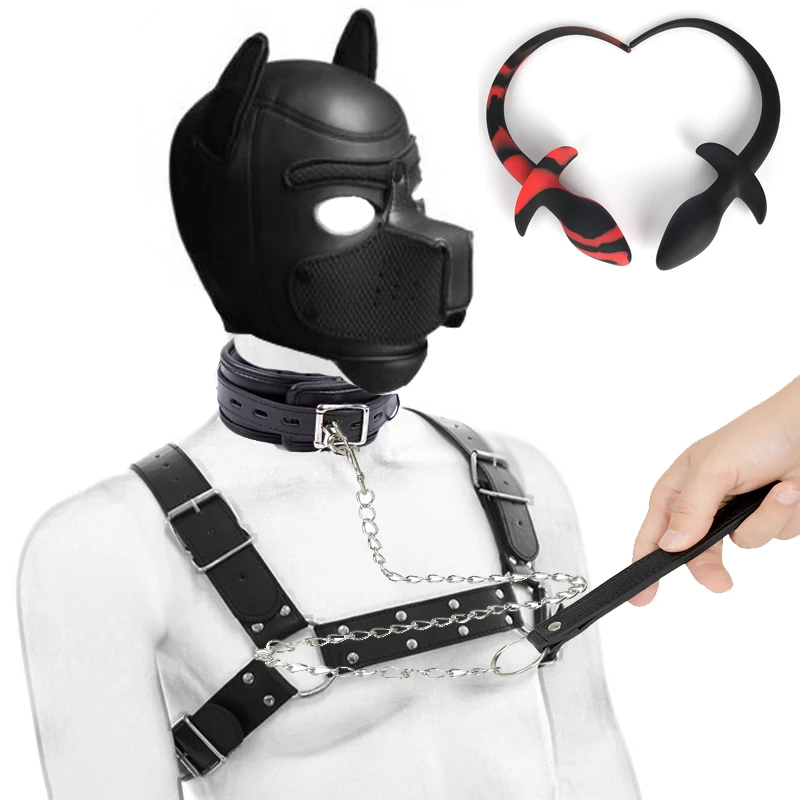 Bdsm Pet Roleplay Set Puppy Play Dog Hood Mask Party Mask Leather Male Chest Harness Strap Dog Tail Plug Pup Neck Collar Sex Toy sex party toys,erotic sex toy,sex toys,sex bondage toys