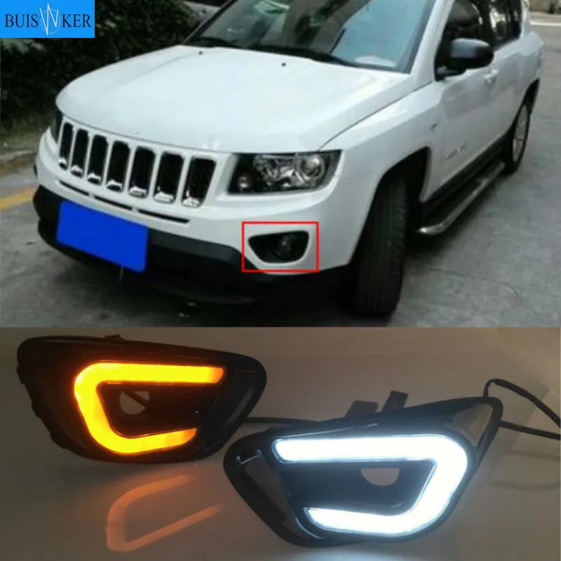 

2 шт. Автомобильный светодиодный Дневной DRL бег светильник белый + желтый боковой Поворотный Светильник противотуманный фонарь для Jeep Compass 2011 2012 2013 2014 2015 2016