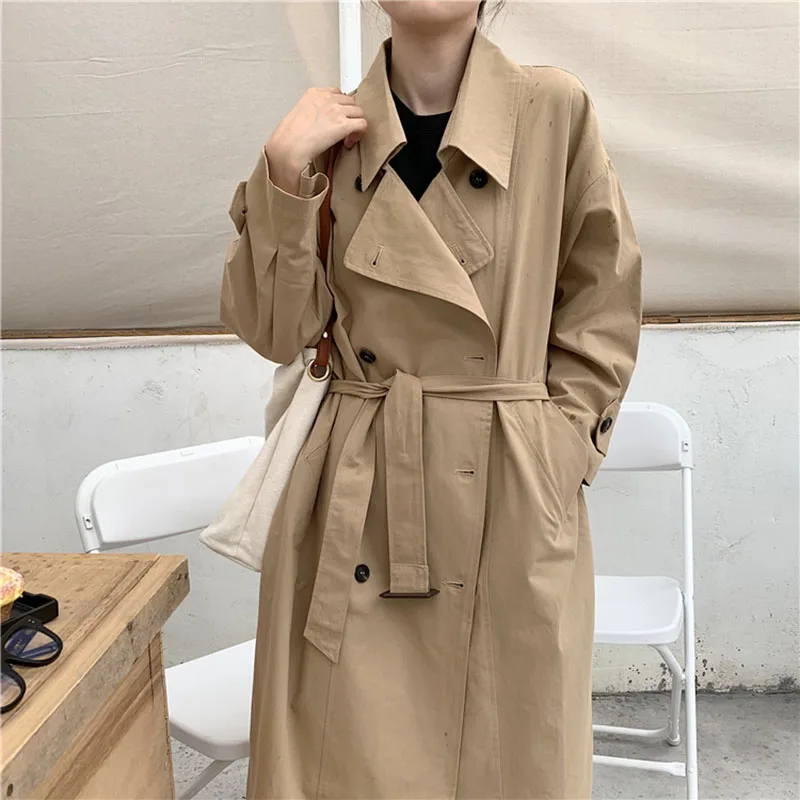Gabardina larga estilo harajuku para mujer, abrigo holgado de longitud media, color negro, caqui, coreano, para primavera y otoño