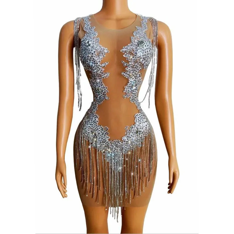 

Flashing Crystals Chains Rhinestones Dress Birthday Party Celebrate Costume Stones Fringes Outfit Singer Nightclub Dance Costume