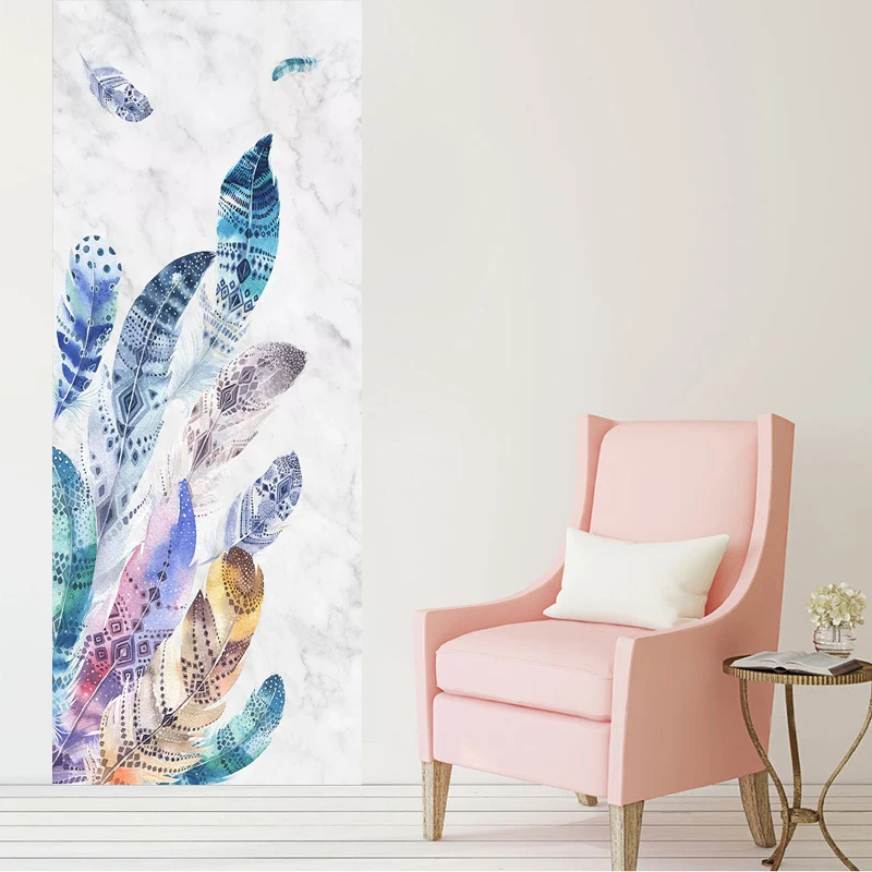 Self Adhesive 3d Door Sticker Home Decor Colored Feather Waterproof Print PVC Poster Wall Artwork Picture Suit For Children Room