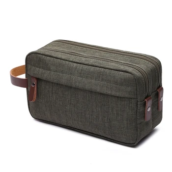 

Green Casual Canvas Cosmetic Bag with Leather Handle Travel Men Wash Shaving Women Toiletry Storage Waterproof Toilet Organizer