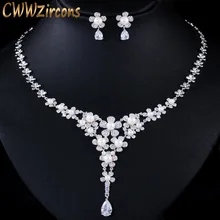CWWZircons Элегантный CZ цирконий кристалл цветок падение ожерелье жемчужные Ювелирные наборы для свадебной вечеринки женский костюм аксессуары T360