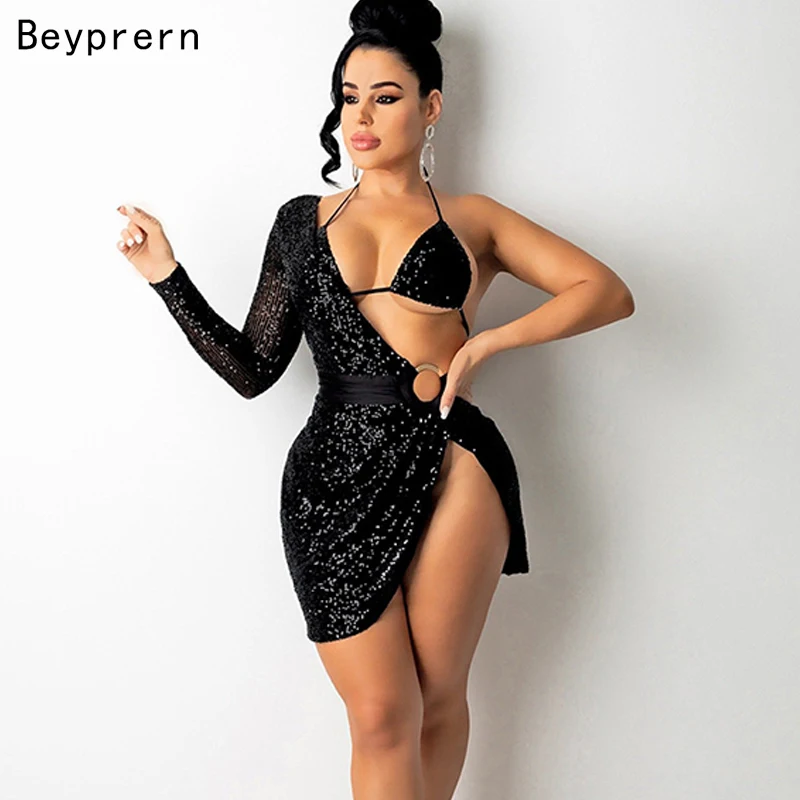 Beyprern блестящее короткое вечерние нее платье с круглым вырезом и блестками одним