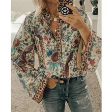 

Autumn Chic Blouses Women Peacock Floral Print Long Sleeve Shirts Women Casual V-neck Boho Blouse Tops Female