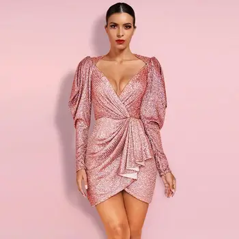 

Deer Lady Pink V Neck Long Sleeve Mini Wrinkled Bodycon Dress HI1123-Pink