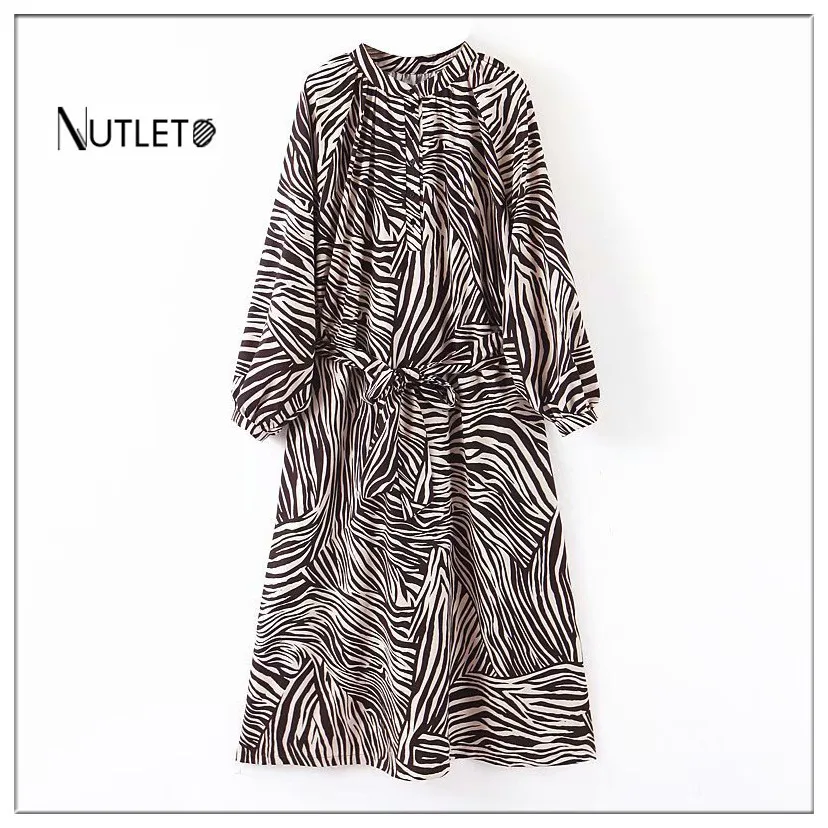 

2019 European and American style autumn and winter women's new zebra print long-sleeved dress retro loose dress