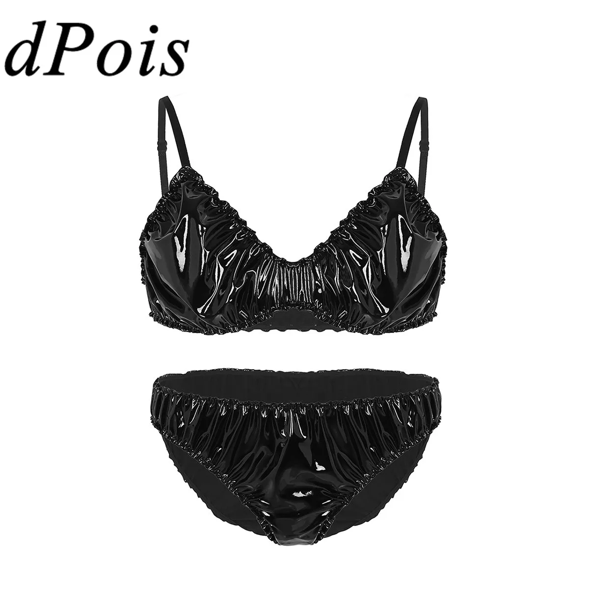 

2Pcs Men Lingerie Set Bra Top with Bikini Briefs Sexy Hot Erotic Mens Soft Leather Mankini Underwear Sissy Gay Bralette Panties