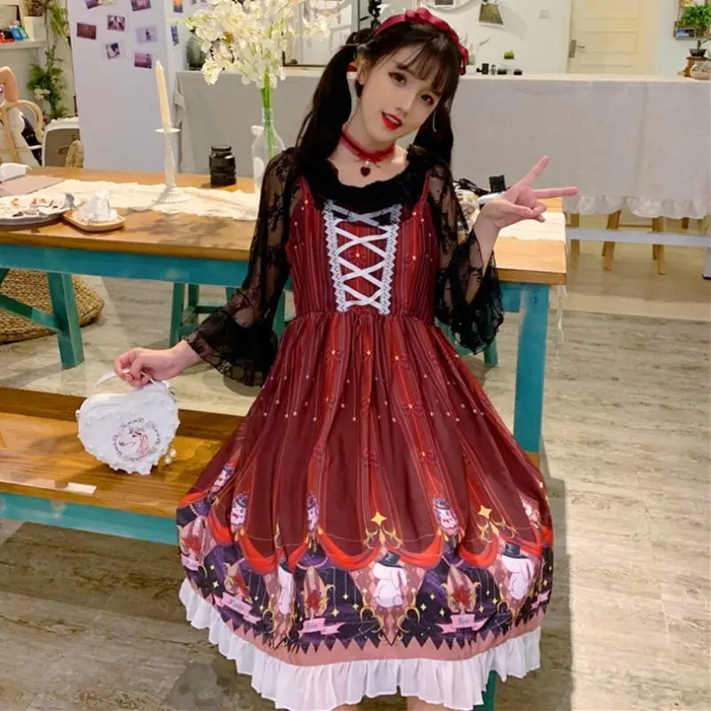 Милое Платье Лолиты Kawaii кружевное милое винтажное платье без рукавов с принтом