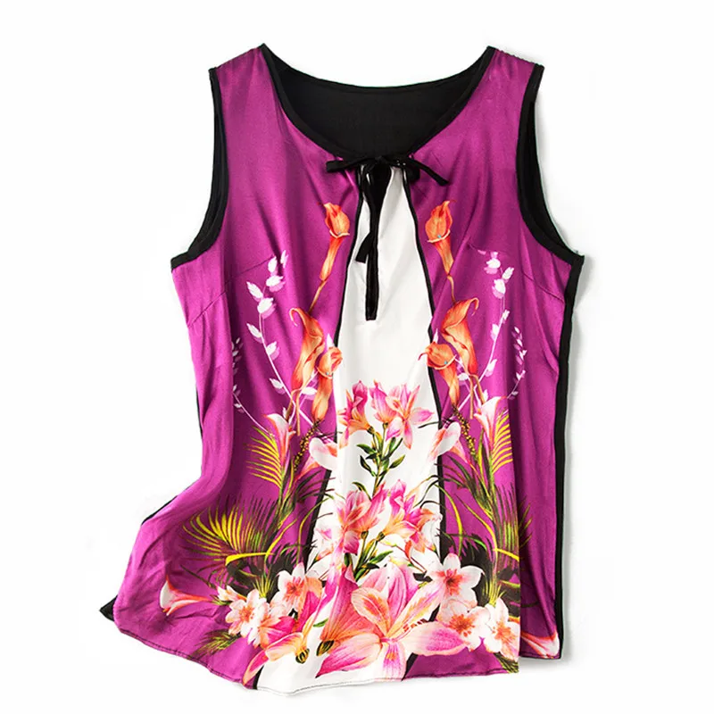 

Floral Print Silk Blouse 100% Natural Silk Women's elegant Sleeveless Shirts Summer Star Red Silk Tops Blouse for Women