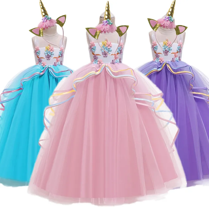 

Girl Dress Long Unicorn Headband Kids Dresses For Girls Children Princess Christmas Party Wedding Birthday Dress 10 12 14Years