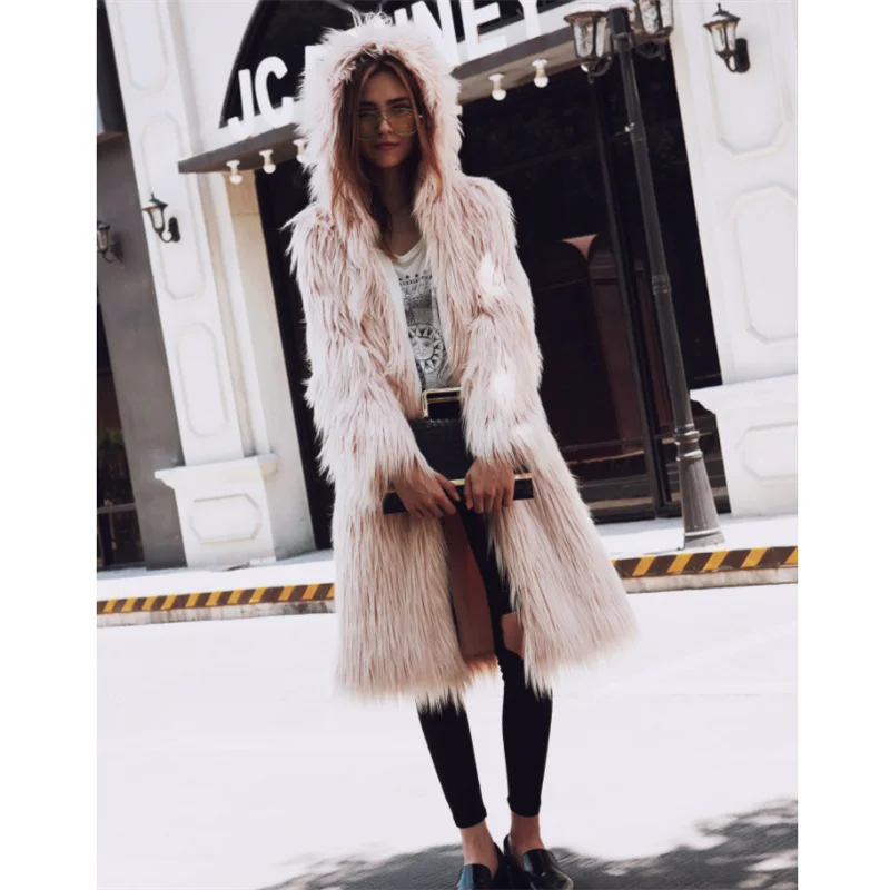 Winter Women Elegant Fashion Long Coat Plus Size Hooded Streetwear Faux Fur Black Coat