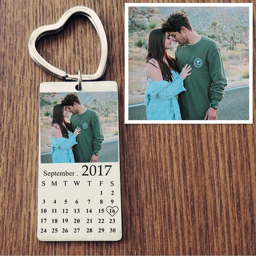 

Personalized Custom colour photo Calendar KeyChain Stainless Steel Heart Date Engrave Date Anniversary Women Family Gift