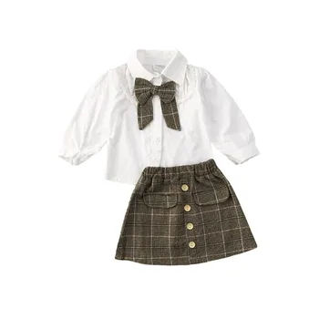 

Pudcoco 2020 Tolddler Baby Girl Clothes Set Elegant Tie Blouse Shirts Top +Button Plaid Skirt 2PCS Party Child Kids Clothes 1-6y