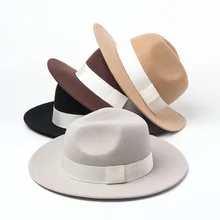 01908-HH8147 новая осенне-зимняя шерстяная бежевая лента Шляпа Fedora для мужчин и женщин джазовая Панама