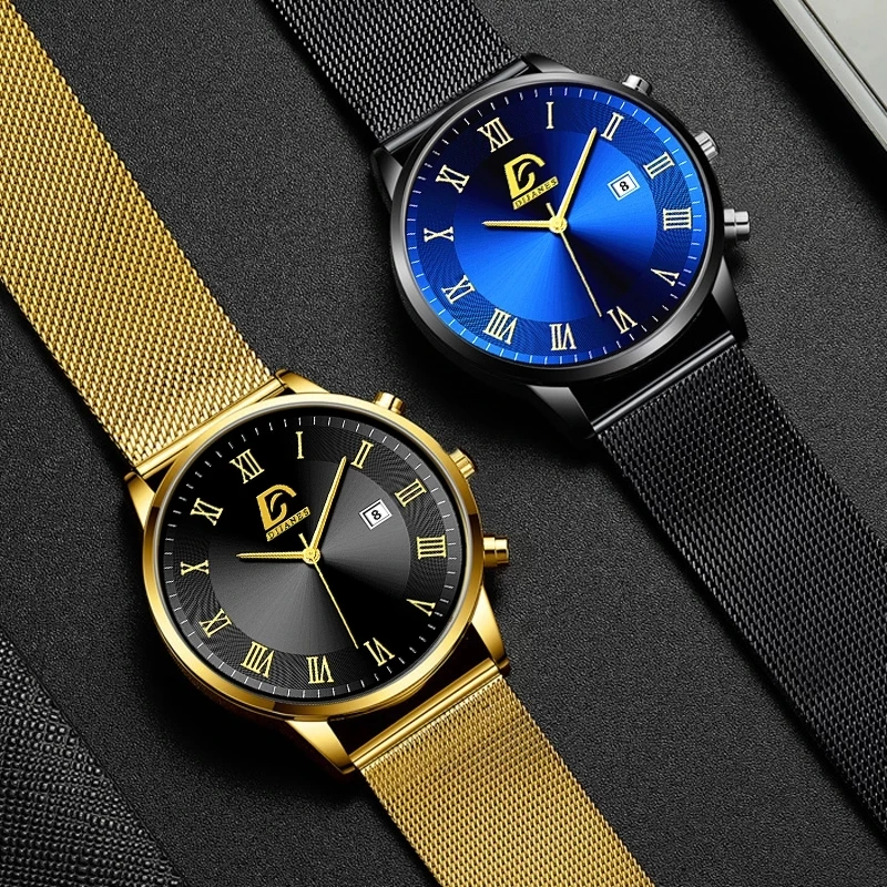 Relojes minimalistas para hombre, pulsera de cuarzo con correa de malla de acero inoxidable, de lujo, informal, de negocios, masculino - Imagen 5