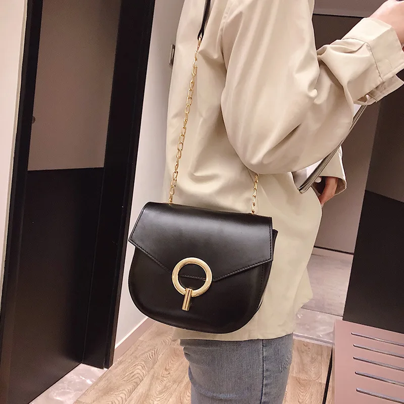 

Small Black Semicircle Bag Women's 2019 New Style Shoulder Bag Saddle Bag Korean-style Textured Vintage INS Chain Shoulder Bag