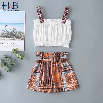 

Humor Bear Summer Girls Kids Children'S Clothing Fashion Summer New Sling White Top + Orange Shorts 2Pcs Clothes Sets