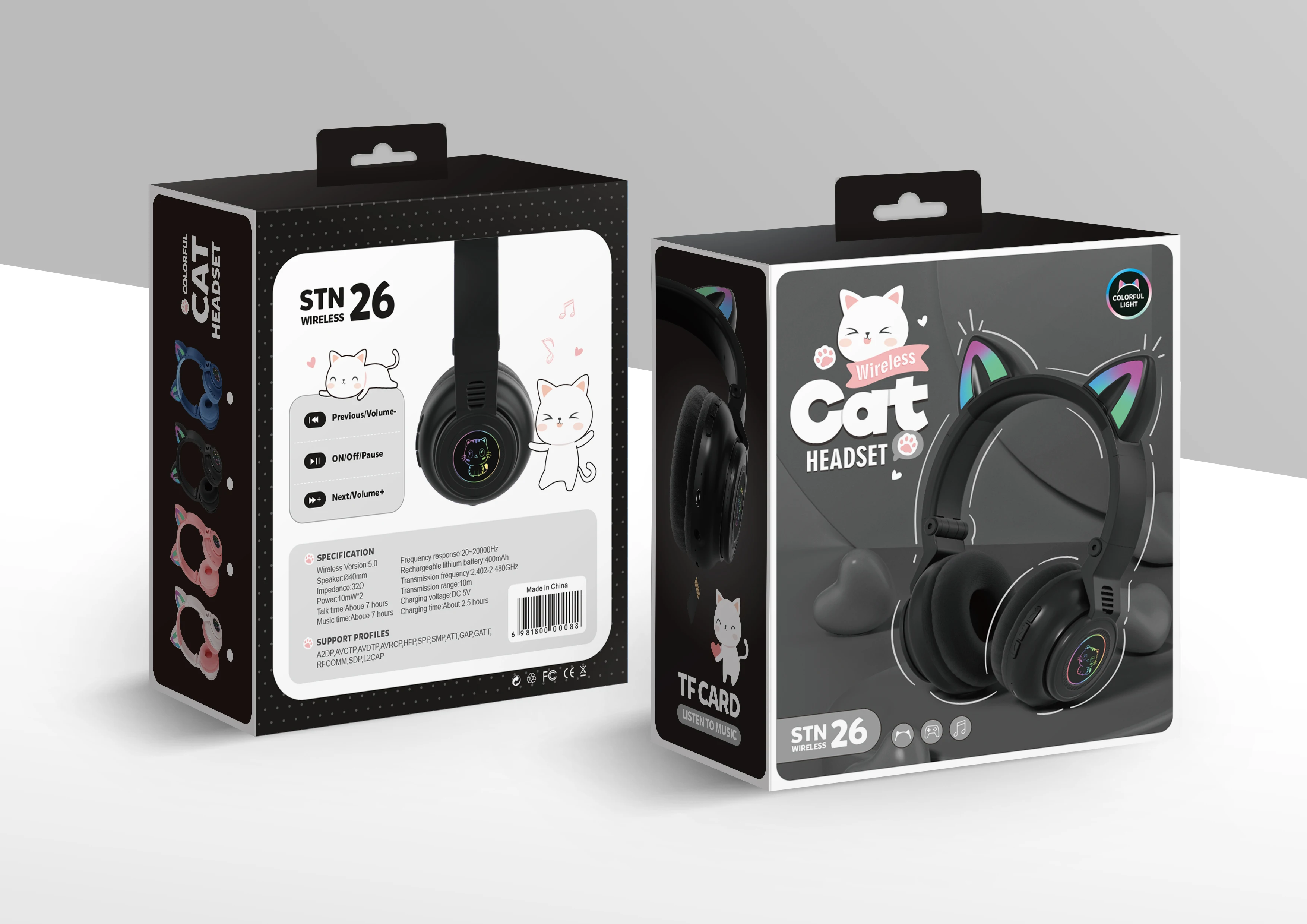 Cute RGB Kitten wireless Headsets Bluetooth 5.0 Bass Noise Cancellation Adult Child Girl Headset Support TF Card Helmet with Mic