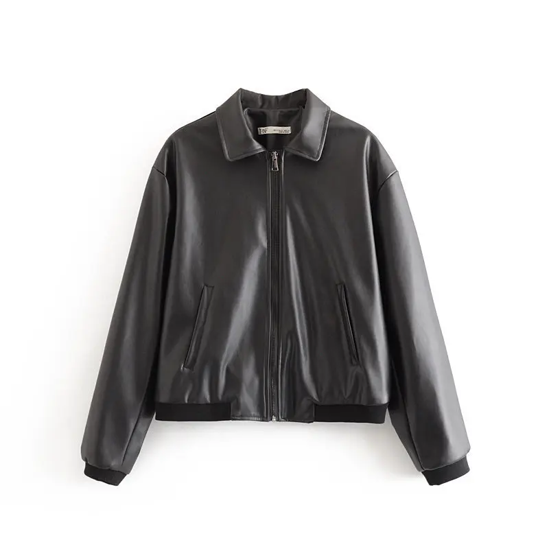 Photo Color Women Black PU Leather Jacket New Women Long Sleeve Zipper Leather Baseball Jackets Autumn Outwear Coats biker jacket - Цвет: Photo Color