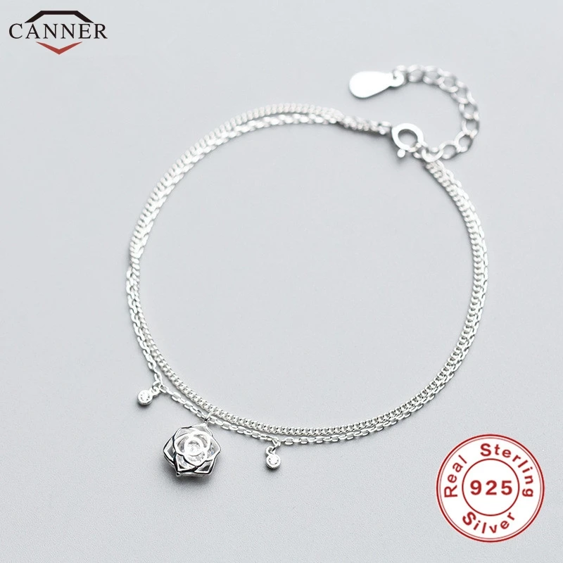 

CANNER Rose Flower Charm Bracelets for Women 925 Sterling Silver Chain Bracelet Femme Hand Chains Jewelry Lovers Gifts H40