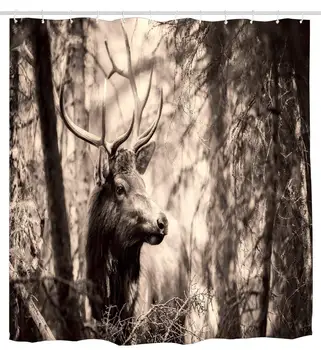 

Deer Elk Animal Stag Shower Curtain Design Polyester Waterproof Fabric with 12 Rust Proof Hooks,ches