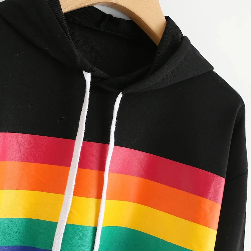 JAYCOSIN Fashion Women Rainbow Print Loose Long sleeve Sweatshirt Casual Stripe Colourful Chic Solid Elegant Hooded Pullover