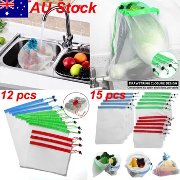 

Local stock 15 Pcs Reusable Produce Bags Black Rope Mesh Vegetable Fruit Toys Storage Pouch