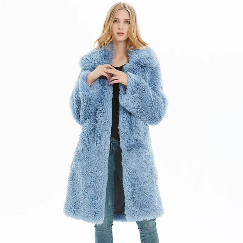 Новинка зимы, женское длинное толстое розовое пальто из искусственного меха, искусственный мех, плюшевый мишка, белый пушистый теплый пиджак с отворотом, женская одежда больших размеров - Цвет: Blue