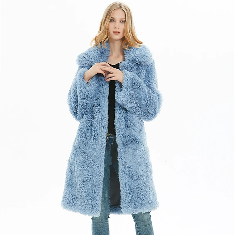 Blue Новинка зимы, женское длинное толстое розовое пальто из искусственного меха, искусственный мех, плюшевый мишка, белый пушистый теплый пиджак с отворотом, женская одежда больших размеров - Цвет: Blue