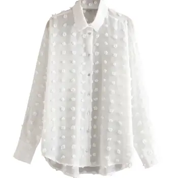 

Women Elegant Chiffon Solid White Polka Dot Blouse Long Sleeve Turn Down Collar Buttons Feminine Chic Office Wear Tops