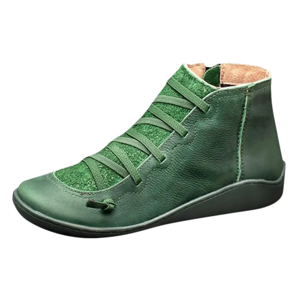 Женские ботильоны из искусственной кожи; сезон осень-зима; ботинки в стиле панк с перекрестными ремешками; винтажная женская обувь на плоской подошве; botas mujer; d2 - Цвет: Зеленый