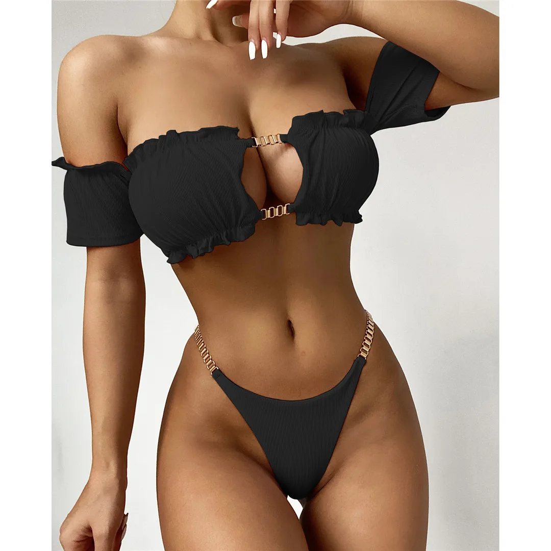 

2022 Off Shoulder Ruffled Frilled Bikini Women Swimwear Female Swimsuit Two-pieces Bikini set Ribbed Bather Bathing Suit Swim