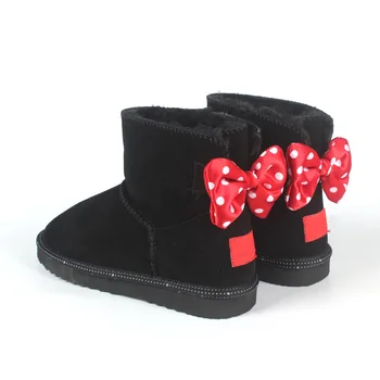

Women Snow Boots with Bow Winter Lady Cow Leather Shoes with Fur Female Black Red Ski Boots Waterproof Shoes