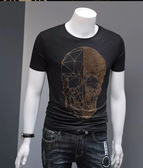 Для мужчин Стразы футболки хлопок с круглым вырезом короткий рукав Slim Fit Футболка Homme модные Костюмы