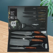  6PCS Kitchen Knife Set Stainless Steel Meat Slicing Knife Vegetable Slicing Knife Scissors + Ceramic Peeling Wood Grain Handle 