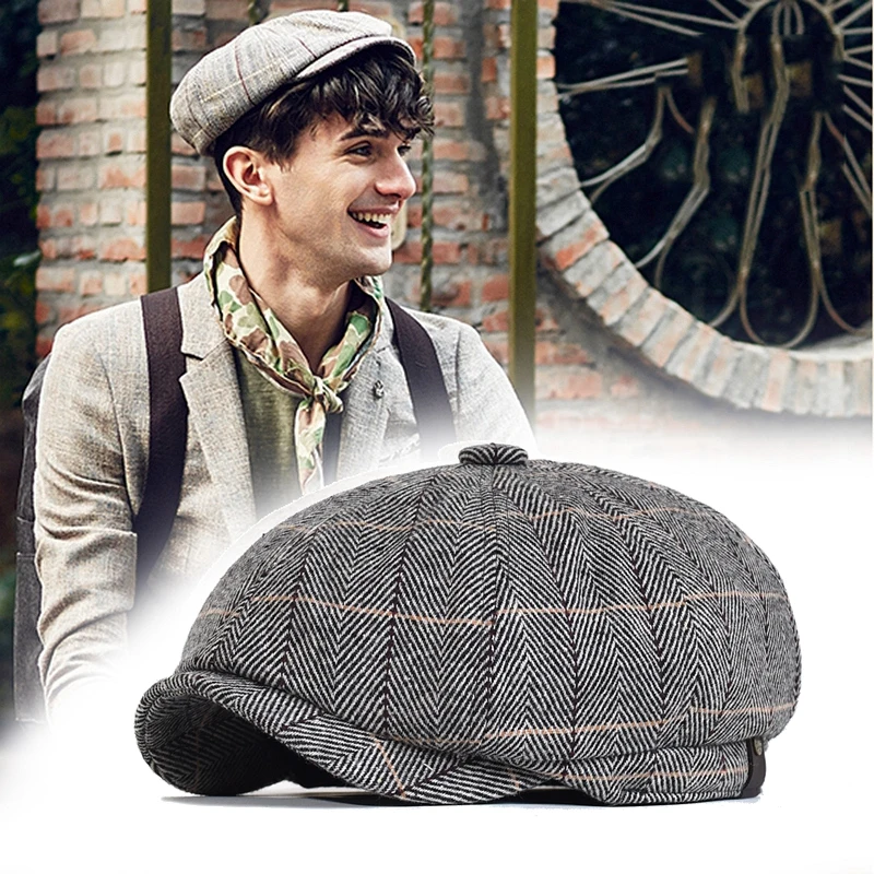 

Men's 8 Piece Classic Herringbone Wool Blend Newsboy Caps Vintage Ivy Flat Cap Gatsby Cabbie Cap Octagonal hat Peaked Beret Hats