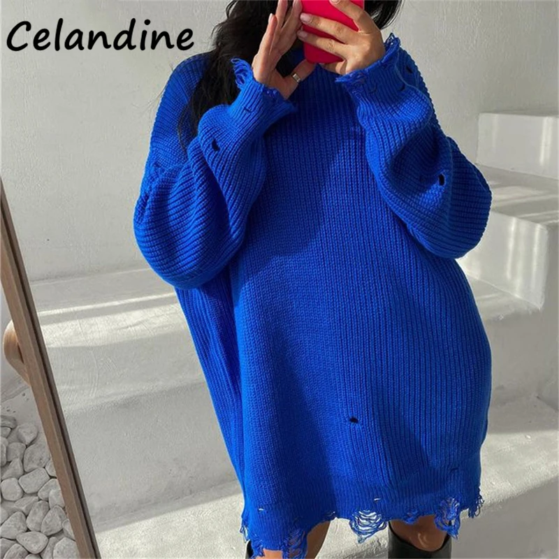 

Celandine Casual O Neck Women Knitted Loose Fashion Long Sleeve Sweater Dress 2021 Pullover Oversized Knitwear Sweater Jumper