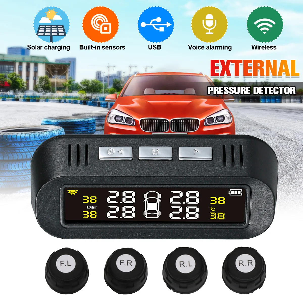 

Car External Solar Voice Tire Pressure Detector Monitor Tire Sensor Alarm Monitoring System USB Wheels Sensors Kit Universal