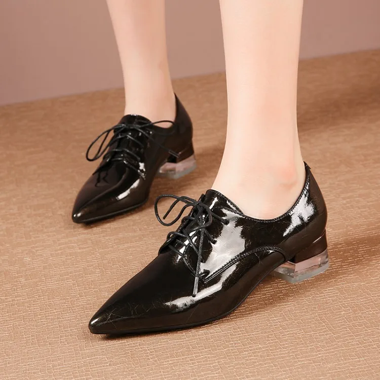 

2019 Autumn & Winter round-Toe Chunky Heel Solid Color Full-grain Leather Rubber Sole Lace up Front Simple Commuting Women's Ank