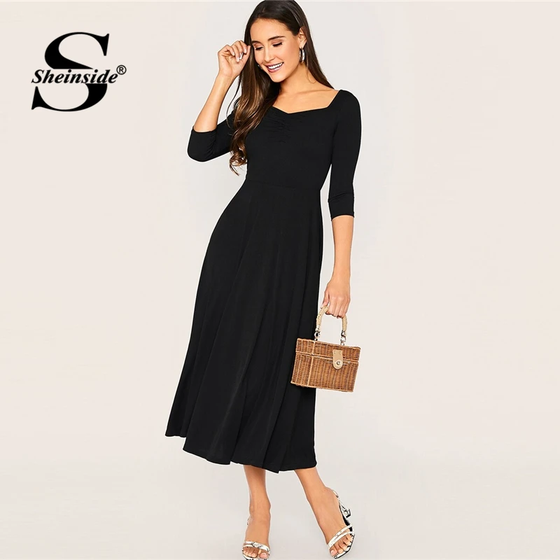 Baratos Sheinside elegante negro Sweetheart Neck A Line Vestido Mujer 2019 otoño media manga Midi vestidos Oficina señoras sólido vestido