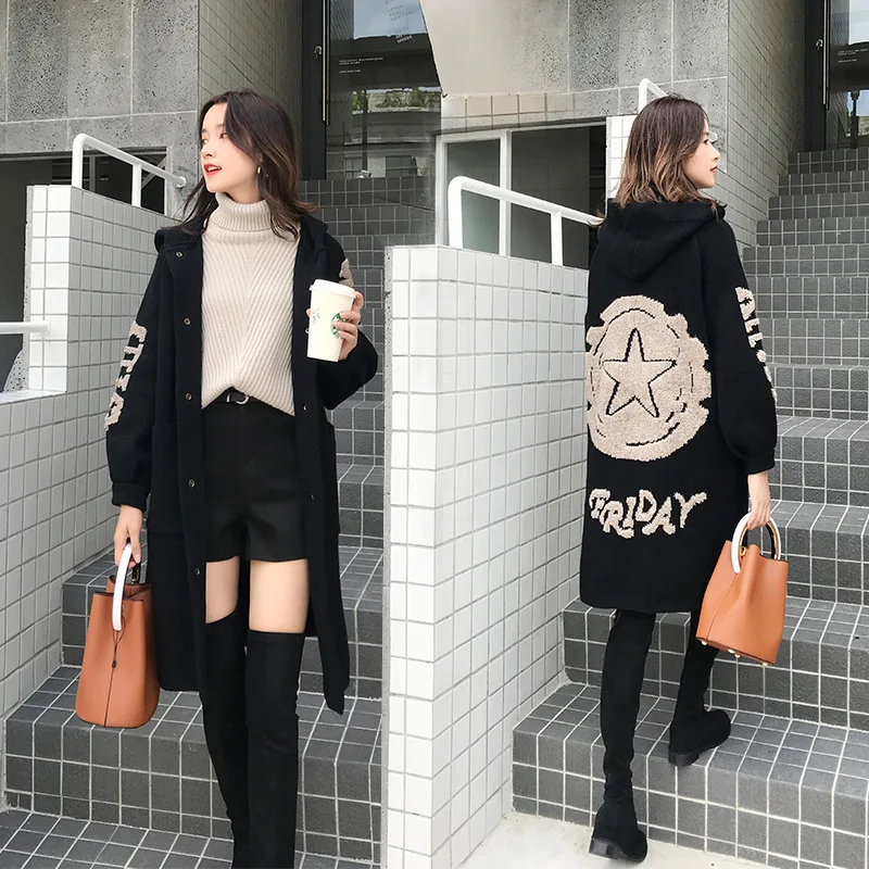 

2019 Autumn New Style Large Size Dress Large GIRL'S Loose-Fit Slimming Mid-length Large Pocket Hooded Knit Coat